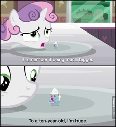 Size: 604x659 | Tagged: safe, edit, edited screencap, screencap, sweetie belle, forever filly, g4, captain hook, caption, comic, filly clown suprise, food, hook, hook (movie), ice cream, out of context, screencap comic, sundae