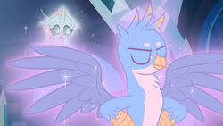 Size: 1280x720 | Tagged: safe, screencap, gallus, ocellus, changedling, changeling, griffon, g4, school raze, chest fluff, element of generosity, element of magic, eyes closed, glowing, majestic, male, smiling, spread wings, wings