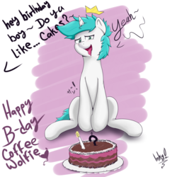 Size: 2500x2500 | Tagged: safe, artist:tonystorm12, oc, oc:spark dash, ahegao, birthday cake, birthday gift, cake, enjoying, food, high res, looking at you, open mouth