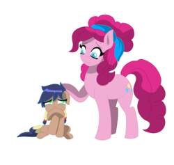 Size: 3483x3300 | Tagged: safe, artist:cmacx, pinkie pie, oc, oc:apple danish, earth pony, pony, g4, auntie pinkie, comforting, duo, female, filly, high res, offspring, older, parent:applejack, parent:soarin', parents:soarinjack, pigtails, simple background, story in the source, teary eyes, twintails, white background