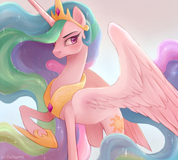 Size: 4000x3600 | Tagged: safe, artist:kodabomb, princess celestia, alicorn, pony, beautiful, celestia is bestia, chestplate, crown, cutie mark, ethereal mane, ethereal tail, female, flowing mane, flowing tail, frown, gradient background, hoof shoes, jewelry, majestic, mare, multicolored mane, multicolored tail, praise the sun, raised hoof, regalia, royalty, serious, solo, spread wings, wings