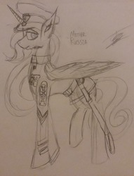 Size: 1280x1678 | Tagged: safe, artist:drawingwithapitoffriendship, oc, oc only, alicorn, pony, clothes, female, hat, military, military uniform, nation ponies, pencil drawing, ponified, russian empire, solo, sword, traditional art, uniform, weapon