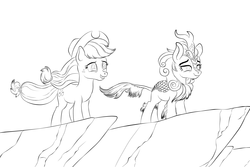 Size: 3000x2000 | Tagged: safe, artist:vasillium, applejack, autumn blaze, earth pony, kirin, pony, g4, sounds of silence, apple, applejack's hat, bedroom eyes, black and white, cliff, cowboy hat, cutie mark, female, food, freckles, grayscale, hat, high res, mare, monochrome, ponytail, smiling, standing, teeth, wind, wind blowing, windswept mane