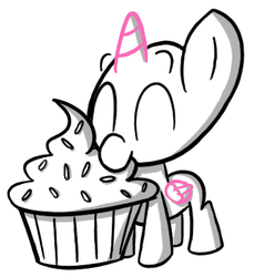 Size: 363x396 | Tagged: safe, artist:techreel, pony, chibi, commission, cupcake, cute, food, solo, ych example, your character here