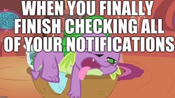 Size: 1280x720 | Tagged: safe, edit, edited screencap, editor:useraccount, screencap, spike, dragon, derpibooru, g4, the return of harmony, exhausted, golden oaks library, image macro, male, meme, meta, notifications, solo, text, tired, tongue out