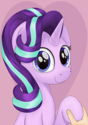 Size: 1251x1769 | Tagged: safe, artist:noosa, starlight glimmer, human, pony, unicorn, g4, cute, female, glimmerbetes, heart, holding hooves, human on pony hoof holding, looking at you, mare, offscreen character, pov, simple background, smiling, solo focus