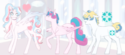 Size: 1024x453 | Tagged: safe, artist:delzol, princess flurry heart, star catcher, oc, pony, unicorn, g3, g4, concave belly, female, g3 to g4, generation leap, male, mare, offspring, older, parent:princess cadance, parent:shining armor, parents:shiningcadance, physique difference, slender, stallion, thin