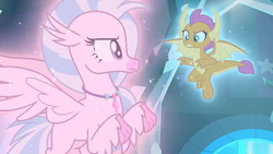 Size: 1280x720 | Tagged: safe, screencap, silverstream, smolder, classical hippogriff, dragon, hippogriff, g4, my little pony: friendship is magic, school raze, dragoness, element of laughter, element of loyalty, female, tail, wings