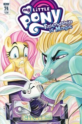 Size: 1054x1600 | Tagged: safe, artist:sara richard, idw, angel bunny, fluttershy, zephyr breeze, pegasus, pony, g4, official, spoiler:comic, spoiler:comic74, comic cover, cover, electric razor, mirror, my little pony logo