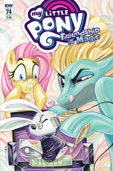 Size: 1054x1600 | Tagged: safe, artist:sara richard, idw, angel bunny, fluttershy, zephyr breeze, pegasus, pony, friendship is magic #74, g4, my little pony: friendship is magic (idw), official, spoiler:comic, comic cover, cover, electric razor, mirror, my little pony logo