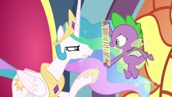 Size: 1920x1080 | Tagged: safe, screencap, princess celestia, spike, alicorn, dragon, pony, g4, school raze, duo, ethereal mane, female, flying, hoof shoes, letter, male, mare, narrowed eyes, raised hoof, reading, winged spike, wings