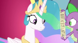 Size: 1920x1080 | Tagged: safe, screencap, princess celestia, spike, pony, g4, school raze, scroll