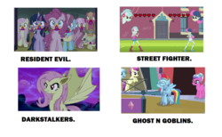 Size: 1024x629 | Tagged: safe, edit, edited screencap, screencap, big macintosh, bon bon, cheerilee, cherry berry, cup cake, elbow grease, fleur de verre, fluttershy, lyra heartstrings, mochaccino, night knight, paradise (g4), pinkie pie, pound cake, pumpkin cake, rainbow dash, rare find, spike, sweetie drops, twilight sparkle, alicorn, bat pony, crystal pony, 28 pranks later, all's fair in love & friendship games, equestria girls, g4, scare master, the crystal empire, armor, capcom, cookie zombie, crystal guard armor, darkstalkers, flutterbat, ghost n goblins, ghosts and goblins, lance, race swap, rainbow muzzle, resident evil, street fighter, twilight sparkle (alicorn), weapon