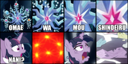 Size: 1600x800 | Tagged: safe, edit, edited screencap, screencap, mean twilight sparkle, tree of harmony, alicorn, pony, g4, the mean 6, caption, clone, collage, dead, death, female, hokuto no ken, horn, japanese, mare, melting, meme, omae wa mou shindeiru, open mouth, shocked, solo, spread wings, standing, twilog, wings, you are already dead, you know for kids, you ruined everything, zoom