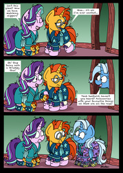 Size: 2480x3472 | Tagged: safe, artist:bobthedalek, starlight glimmer, sunburst, trixie, pony, unicorn, g4, bathrobe, bed mane, clothes, comic, cute, dialogue, diatrixes, female, heart butt, high res, inconvenient trixie, male, mare, messy mane, pajamas, raised hoof, raised leg, robe, ship:starburst, shipping, slippers, stallion, straight, teacup, that pony sure does love teacups, themed slippers, trixie's wagon, when you see it