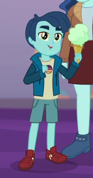 Size: 260x497 | Tagged: safe, screencap, henry handle, manestrum, equestria girls, equestria girls series, g4, rollercoaster of friendship, background human, clothes, cropped, cute, female, food, ice cream, jacket, legs, male, mother and son, shoes, shorts, smiling, sneakers