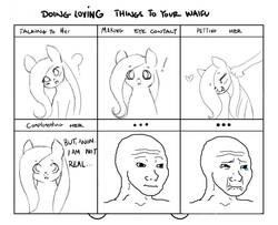 Size: 900x731 | Tagged: safe, artist:extrasadandgay, fluttershy, oc, oc:anon, pony, g4, 1000 hours in ms paint, bait and switch, blushing, crying, dialogue, disembodied hand, doing loving things, feels, female, forever alone, hand, heart, looking at you, mare, meme, monochrome, pure unfiltered evil, reality, reality ensues, reality sucks, simple background, waifu, wojak