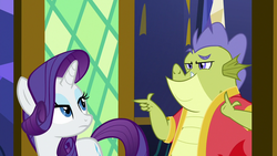 Size: 1280x720 | Tagged: safe, screencap, rarity, sludge (g4), dragon, pony, unicorn, father knows beast, g4, female, male, mare, punchable, rarity is not amused, unamused
