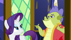 Size: 1280x720 | Tagged: safe, screencap, rarity, sludge (g4), dragon, pony, unicorn, father knows beast, g4, my little pony: friendship is magic, female, male, mare, punchable, rarity is not amused, unamused