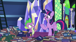 Size: 1280x720 | Tagged: safe, screencap, spike, twilight sparkle, alicorn, dragon, pony, father knows beast, g4, book, female, ladder, library, male, mare, smiling, twilight sparkle (alicorn), twilight's castle, twilight's castle library, winged spike, wings