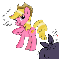 Size: 3000x3000 | Tagged: safe, artist:rainbowtashie, applejack, cherry berry, pony, g4, accessory theft, applejack's hat, cowboy hat, disguise, garbage bag, hat, high res, simple background, transparent background