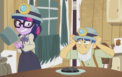 Size: 1139x720 | Tagged: safe, screencap, flash sentry, sci-twi, twilight sparkle, equestria girls, g4, my little pony equestria girls: better together, opening night, awkward smile, clothes, costume, female, glasses, male, pot, shocked, smiling