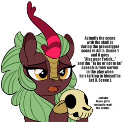 Size: 1959x1937 | Tagged: safe, artist:lockhe4rt, cinder glow, summer flare, kirin, g4, sounds of silence, alas poor yorick, dialogue, female, hamlet, simple background, skull, solo, to be or not to be, transparent background, william shakespeare