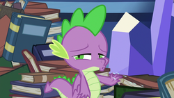 Size: 1280x720 | Tagged: safe, screencap, spike, dragon, father knows beast, g4, book, library, male, open mouth, solo, twilight's castle, twilight's castle library