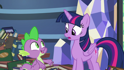 Size: 1280x720 | Tagged: safe, screencap, spike, twilight sparkle, alicorn, pony, father knows beast, g4, book, library, twilight sparkle (alicorn), twilight's castle, twilight's castle library