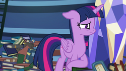 Size: 1280x720 | Tagged: safe, screencap, twilight sparkle, alicorn, pony, father knows beast, g4, book, female, floppy ears, ladder, library, sad, solo, twilight sparkle (alicorn), twilight's castle, twilight's castle library