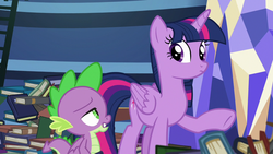 Size: 1280x720 | Tagged: safe, screencap, spike, twilight sparkle, alicorn, pony, father knows beast, g4, book, ladder, library, twilight sparkle (alicorn), twilight's castle, twilight's castle library