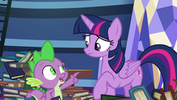 Size: 1280x720 | Tagged: safe, screencap, spike, twilight sparkle, alicorn, pony, father knows beast, g4, my little pony: friendship is magic, book, ladder, library, pointing, twilight sparkle (alicorn), twilight's castle, twilight's castle library