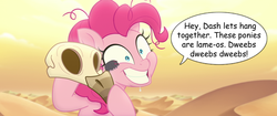 Size: 1920x804 | Tagged: safe, edit, edited screencap, editor:wild stallions, screencap, pinkie pie, earth pony, insect, pony, fanfic:cupcakes, g4, my little pony: the movie, crazy face, dead, desert, desert sun madness, faic, implied gilda, implied murder, insanity, messy mane, shrunken pupils, skull, speech bubble