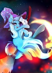 Size: 1358x1920 | Tagged: safe, artist:rariedash, trixie, pony, unicorn, g4, broom, female, flying, flying broomstick, halloween, hat, holiday, looking at you, mare, open mouth, solo