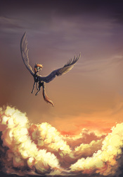Size: 1400x2000 | Tagged: safe, artist:28gooddays, oc, oc only, pony, fanfic:straw, cloud, fanfic art, flying, goggles, large wings, scenery, solo, spread wings, wings