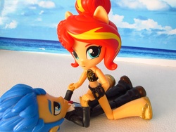 Size: 1920x1440 | Tagged: safe, artist:whatthehell!?, flash sentry, sunset shimmer, equestria girls, g4, beach, clothes, doll, equestria girls minis, irl, merchandise, photo, ponied up, sandals, swimsuit, toy, tuxedo