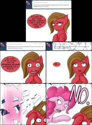 Size: 1335x1800 | Tagged: safe, artist:hewhoerasesmost, pinkie pie, oc, oc:pun, earth pony, pony, ask pun, g4, ask, female, hotblooded pinkie pie, mare, no
