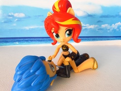Size: 1680x1260 | Tagged: safe, artist:whatthehell!?, flash sentry, sunset shimmer, equestria girls, g4, beach, clothes, doll, equestria girls minis, irl, merchandise, photo, ponied up, sandals, swimsuit, toy, tuxedo