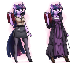 Size: 1848x1600 | Tagged: safe, artist:king-kakapo, twilight sparkle, anthro, unguligrade anthro, g4, belt, book, clothes, cute, female, high heels, horn, mare, mary janes, miniskirt, pantyhose, shoes, side slit, simple background, skirt, skirt suit, smiling, suit, wand, white background