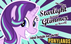 Size: 3000x1847 | Tagged: safe, artist:ace play, starlight glimmer, pony, g4, borderlands, female, grin, poster, smiling, solo, sunburst background