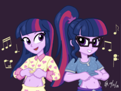 Size: 2224x1668 | Tagged: safe, artist:mayorlight, sci-twi, twilight sparkle, alicorn, equestria girls, g4, belly button, belly dancer, breasts, clothes, commission, digital art, glasses, midriff, music notes, pajamas, shirt, shirt lift, twilight sparkle (alicorn), twolight