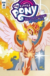 Size: 1054x1600 | Tagged: safe, artist:tony fleecs, idw, daybreaker, alicorn, pony, g4, nightmare knights, spoiler:comic, spoiler:comicnightmareknights04, badass, comic cover, female, fire, looking at you, mare, my little pony logo, raised hoof, spread wings, wings