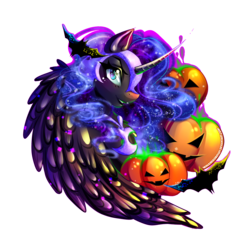 Size: 2893x2835 | Tagged: safe, artist:minamikoboyasy, nightmare moon, alicorn, bat, pony, g4, female, halloween, high res, holiday, jack-o-lantern, looking at you, mare, pumpkin, simple background, solo, transparent background