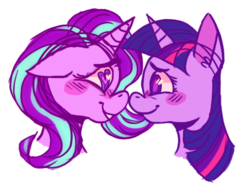 Size: 528x395 | Tagged: safe, artist:ducktacular, starlight glimmer, twilight sparkle, pony, unicorn, g4, blushing, blushing profusely, boop, cute, duo, female, floppy ears, glimmerbetes, heart eyes, lesbian, looking at each other, mare, mutual booping, noseboop, ship:twistarlight, shipping, twiabetes, wingding eyes
