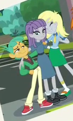 Size: 204x337 | Tagged: safe, screencap, derpy hooves, maud pie, snails, equestria girls, equestria girls specials, g4, my little pony equestria girls: better together, my little pony equestria girls: forgotten friendship, boots, clothes, cropped, dress, female, male, pants, photo, sandals, shoes, skirt, smiling, socks, socks with sandals, trio