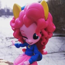 Size: 1080x1080 | Tagged: safe, artist:artofmagicpoland, artist:flanksyofficial, pinkie pie, equestria girls, g4, doll, equestria girls minis, female, forest, lake, solo, toy, winter