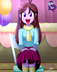 Size: 920x1160 | Tagged: safe, artist:the-butch-x, part of a set, velvet sky, equestria girls, g4, :d, background human, balloon, butch's hello, clothes, cute, equestria girls logo, female, looking at you, open mouth, scarf, sitting, skirt, smiling, solo