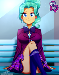 Size: 920x1160 | Tagged: safe, artist:the-butch-x, part of a set, garden grove, equestria girls, g4, my little pony equestria girls: friendship games, adorasexy, background human, bench, big breasts, breasts, busty garden grove, butch's hello, clothes, crossed legs, crystal prep academy uniform, cute, ear piercing, earring, equestria girls logo, female, grin, jewelry, kneesocks, legs, looking at you, piercing, plaid skirt, pleated skirt, ponytail, school uniform, schrödinger's pantsu, sexy, sitting, skirt, smiling, socks, solo, thighs, upskirt denied