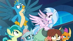 Size: 1267x720 | Tagged: safe, screencap, gallus, ocellus, sandbar, silverstream, smolder, yona, changedling, changeling, classical hippogriff, dragon, griffon, hippogriff, pony, yak, g4, school raze, dragoness, female, flying, male, spread wings, student six, teenager, wings
