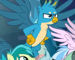 Size: 718x574 | Tagged: safe, screencap, gallus, ocellus, sandbar, silverstream, yona, griffon, g4, school raze, angry, chest fluff, cropped, male, offscreen character, paws, solo focus, spread wings, teenager, wings
